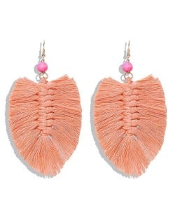 Palm Tree Leaves Design Cotton Threads Weaving Tassel Women Fashion Statement Earrings - Pink