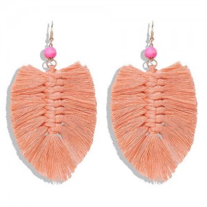Palm Tree Leaves Design Cotton Threads Weaving Tassel Women Fashion Statement Earrings - Pink