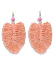 Palm Tree Leaves Design Cotton Threads Weaving Tassel Women Fashion Statement Earrings - Pink