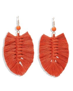 Palm Tree Leaves Design Cotton Threads Weaving Tassel Women Fashion Statement Earrings - Orange