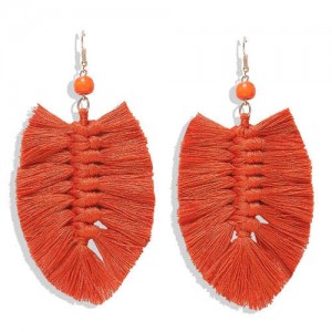 Palm Tree Leaves Design Cotton Threads Weaving Tassel Women Fashion Statement Earrings - Orange