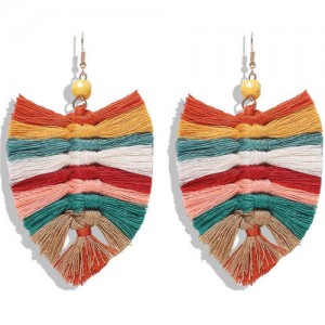 Palm Tree Leaves Design Cotton Threads Weaving Tassel Women Fashion Statement Earrings - Multicolor