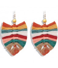 Palm Tree Leaves Design Cotton Threads Weaving Tassel Women Fashion Statement Earrings - Multicolor