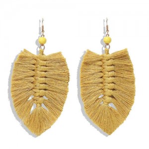 Palm Tree Leaves Design Cotton Threads Weaving Tassel Women Fashion Statement Earrings - Yellow
