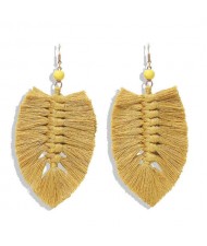 Palm Tree Leaves Design Cotton Threads Weaving Tassel Women Fashion Statement Earrings - Yellow