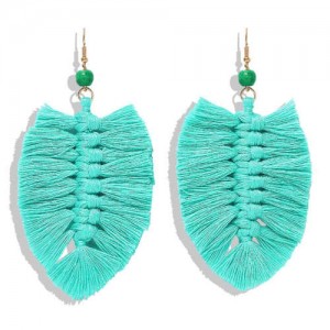 Palm Tree Leaves Design Cotton Threads Weaving Tassel Women Fashion Statement Earrings - Teal