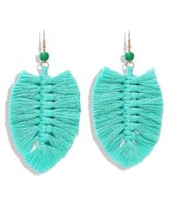 Palm Tree Leaves Design Cotton Threads Weaving Tassel Women Fashion Statement Earrings - Teal