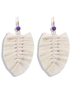 Palm Tree Leaves Design Cotton Threads Weaving Tassel Women Fashion Statement Earrings - White