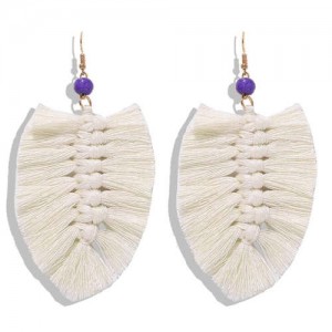 Palm Tree Leaves Design Cotton Threads Weaving Tassel Women Fashion Statement Earrings - White