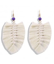 Palm Tree Leaves Design Cotton Threads Weaving Tassel Women Fashion Statement Earrings - White