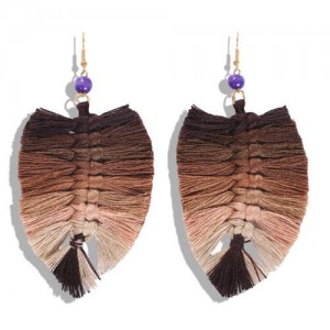 Palm Tree Leaves Design Cotton Threads Weaving Tassel Women Fashion Statement Earrings - Gradient Coffee