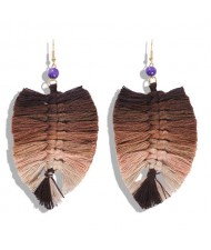 Palm Tree Leaves Design Cotton Threads Weaving Tassel Women Fashion Statement Earrings - Gradient Coffee