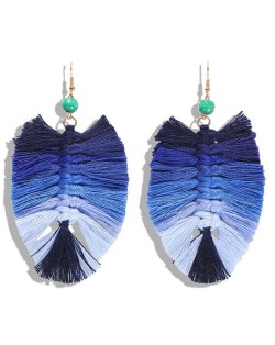 Palm Tree Leaves Design Cotton Threads Weaving Tassel Women Fashion Statement Earrings - Gradient Blue