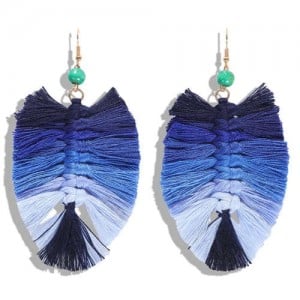 Palm Tree Leaves Design Cotton Threads Weaving Tassel Women Fashion Statement Earrings - Gradient Blue
