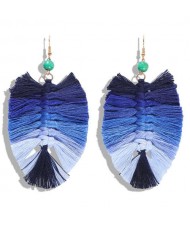 Palm Tree Leaves Design Cotton Threads Weaving Tassel Women Fashion Statement Earrings - Gradient Blue