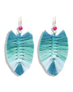 Palm Tree Leaves Design Cotton Threads Weaving Tassel Women Fashion Statement Earrings - Gradient Green