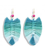 Palm Tree Leaves Design Cotton Threads Weaving Tassel Women Fashion Statement Earrings - Gradient Green