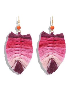 Palm Tree Leaves Design Cotton Threads Weaving Tassel Women Fashion Statement Earrings - Gradient Red