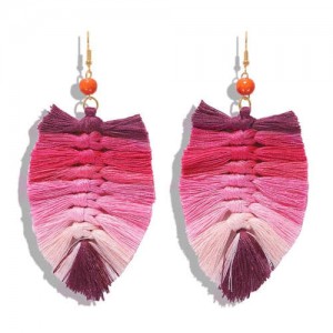 Palm Tree Leaves Design Cotton Threads Weaving Tassel Women Fashion Statement Earrings - Gradient Red