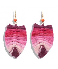 Palm Tree Leaves Design Cotton Threads Weaving Tassel Women Fashion Statement Earrings - Gradient Red