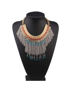 Blue and Red Gems Embellished Chain Tassel Design High Fashion Women Bib Necklace 