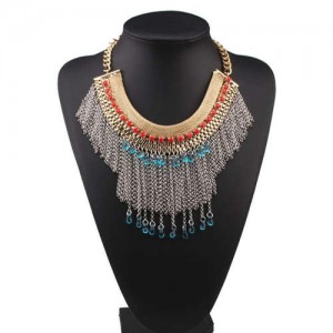 Blue and Red Gems Embellished Chain Tassel Design High Fashion Women Bib Necklace 