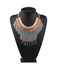 Blue and Red Gems Embellished Chain Tassel Design High Fashion Women Bib Necklace 