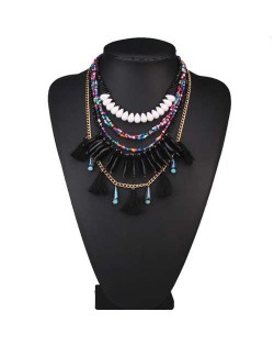 Multi-layer Beads and Cotton Threads Tassel High Fashion Design Women Bib Statement Necklace - Black