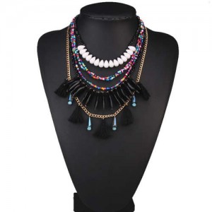 Multi-layer Beads and Cotton Threads Tassel High Fashion Design Women Bib Statement Necklace - Black