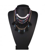 Multi-layer Beads and Cotton Threads Tassel High Fashion Design Women Bib Statement Necklace - Black
