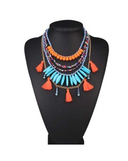 Multi-layer Beads and Cotton Threads Tassel High Fashion Design Women Bib Statement Necklace - Orange