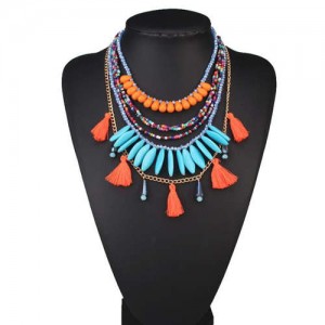 Multi-layer Beads and Cotton Threads Tassel High Fashion Design Women Bib Statement Necklace - Orange