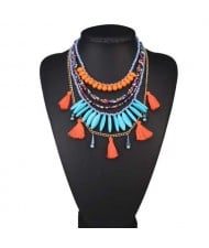 Multi-layer Beads and Cotton Threads Tassel High Fashion Design Women Bib Statement Necklace - Orange