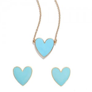 Oil-spot Glazed Heart Fashion Necklace and Earrings Set - Blue