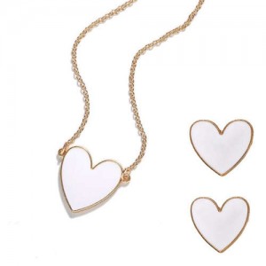 Oil-spot Glazed Heart Fashion Necklace and Earrings Set - White