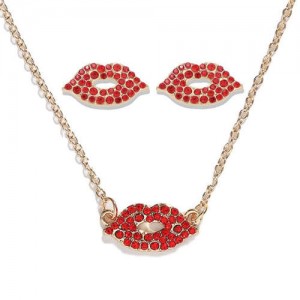 Shining Red Lips High Fashion Women Necklace and Earrings Set
