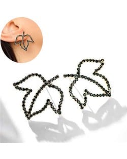 Black Rhinestone Hollow Leaves Design Korean Fashion Women Earrings