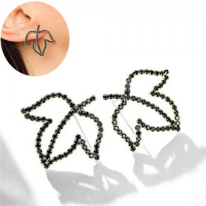 Black Rhinestone Hollow Leaves Design Korean Fashion Women Earrings