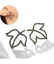 Black Rhinestone Hollow Leaves Design Korean Fashion Women Earrings