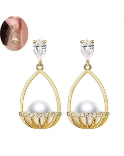 Pearl Inlaid Basket Design Bling Bling Fashion Women Ear Studs