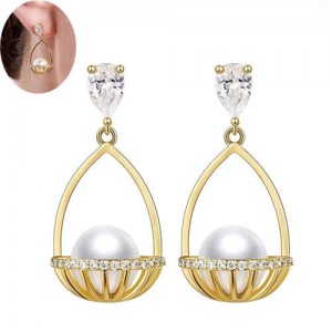 Pearl Inlaid Basket Design Bling Bling Fashion Women Ear Studs