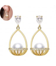 Pearl Inlaid Basket Design Bling Bling Fashion Women Ear Studs