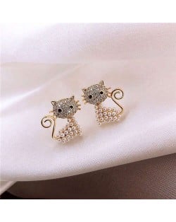 Rhinestone and Pearl Embellished Cute Cat Design Korean Fashion Women Earrings