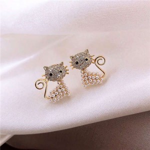 Rhinestone and Pearl Embellished Cute Cat Design Korean Fashion Women Earrings