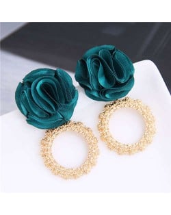 Cloth Flower and Alloy Hoop Design Women Fashion Earrings - Green