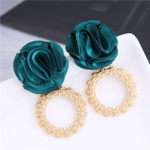 Cloth Flower and Alloy Hoop Design Women Fashion Earrings - Green