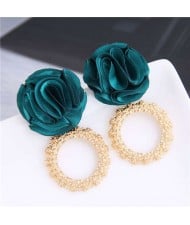 Cloth Flower and Alloy Hoop Design Women Fashion Earrings - Green
