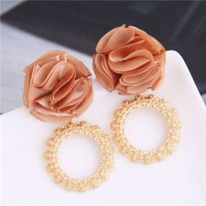 Cloth Flower and Alloy Hoop Design Women Fashion Earrings - Brown