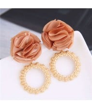 Cloth Flower and Alloy Hoop Design Women Fashion Earrings - Brown