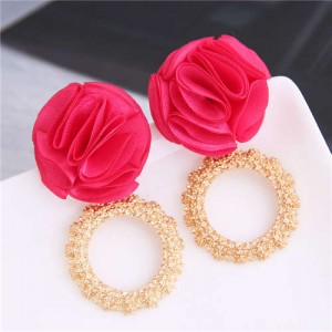 Cloth Flower and Alloy Hoop Design Women Fashion Earrings - Rose